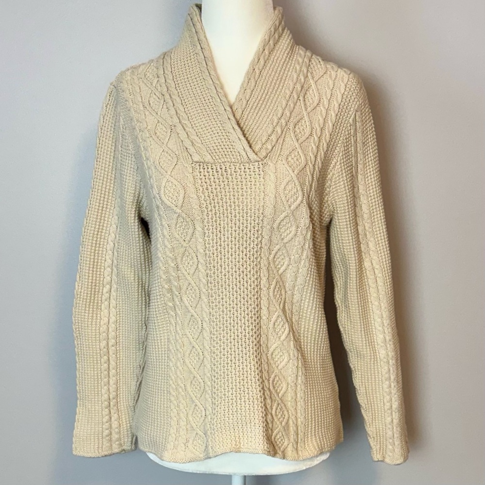 Cozy Shawl Collar Cable Knit Sweater - Cream 100% Cotton